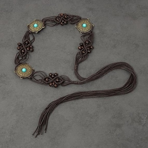 Boho Rope Tie Belt Women's One Size Tassel Beaded Braided Waist Belt - Picture 6 of 7